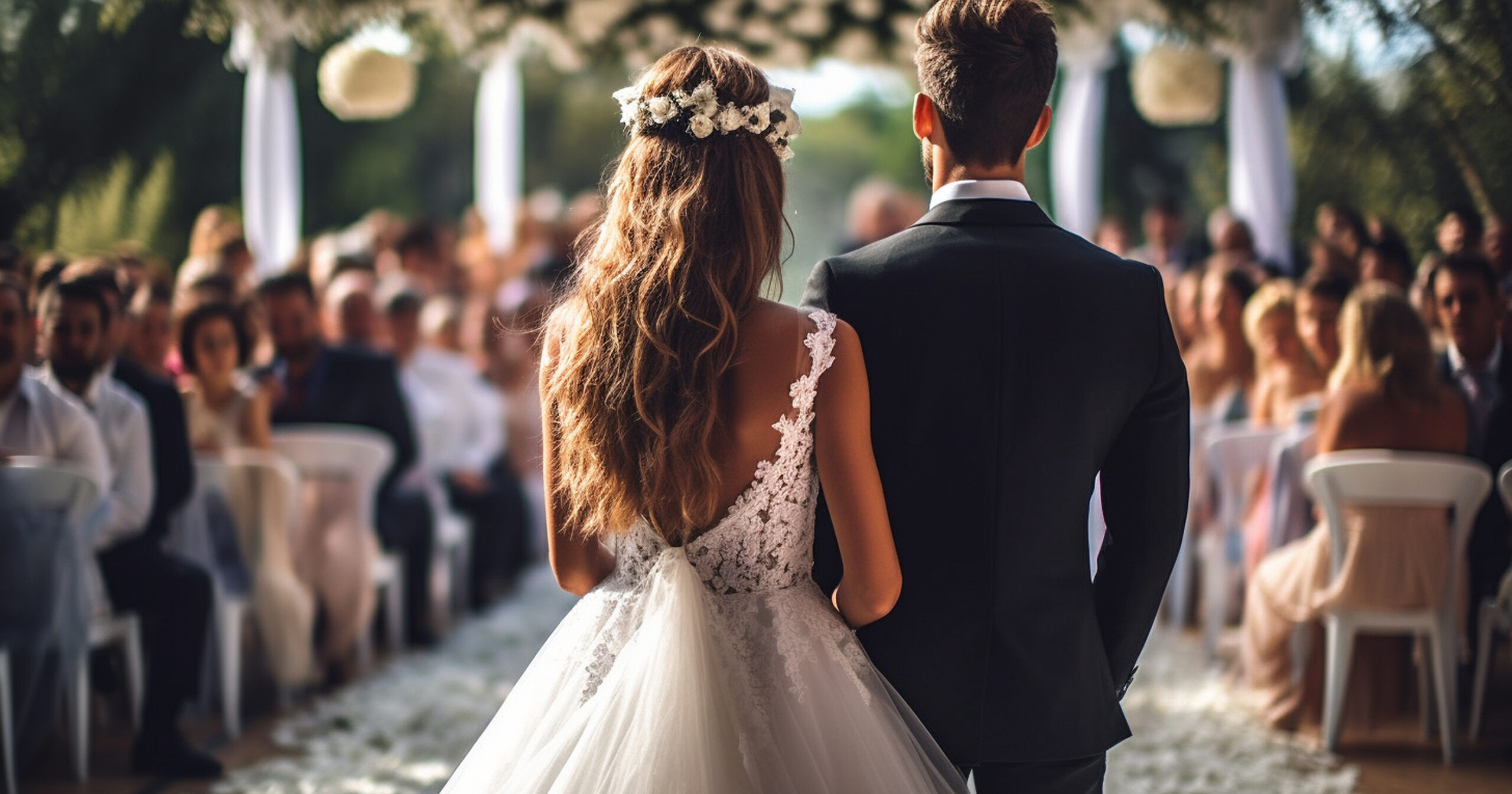 Wedding Couple in Love Back View walking down Aisle Church. Newly Wedded Bride Groom in Window Door Light. Wedding Day Ceremony.